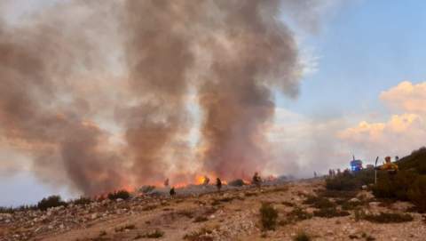 Las brigadas de tierra realizando labores de control del incendio en el límite del campo de tiro. (Foto: BRIF Tabuyo)
